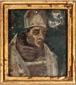 Spanish Colonial Retablo 19th c., "Bishop Saint", oil on tin