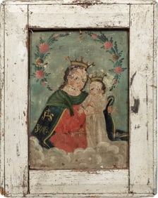 Spanish Colonial Retablo 19th c., "Our Lady of Refuge of Sinners", oil on tin
