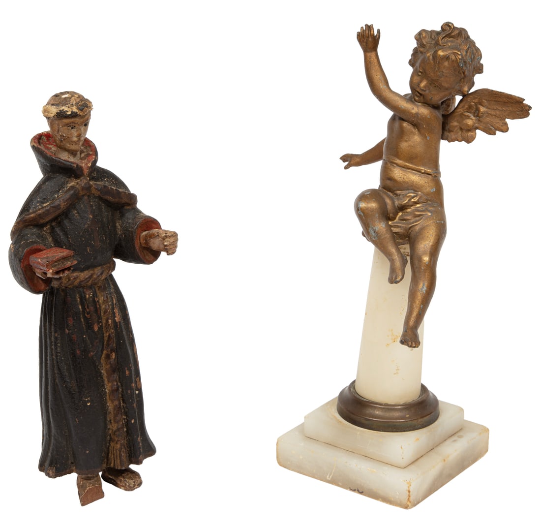 Gilt Metal Cherub and Carved Wood Santos: Gilt Metal Cherub and Carved Wood Santoscherub on alabaster pedestal, h. 10 3/4 in., carved figure h. 9 1/4 in.