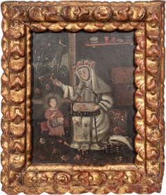 Spanish Colonial School 18th/19th c., "Saint Rose of Lima Practicing Embroidery before an Apparition