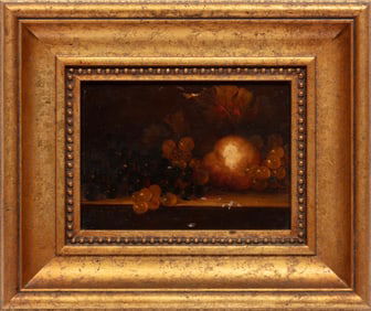 Continental School 20th c., "Still Life of Grapes and Peach", oil on panel