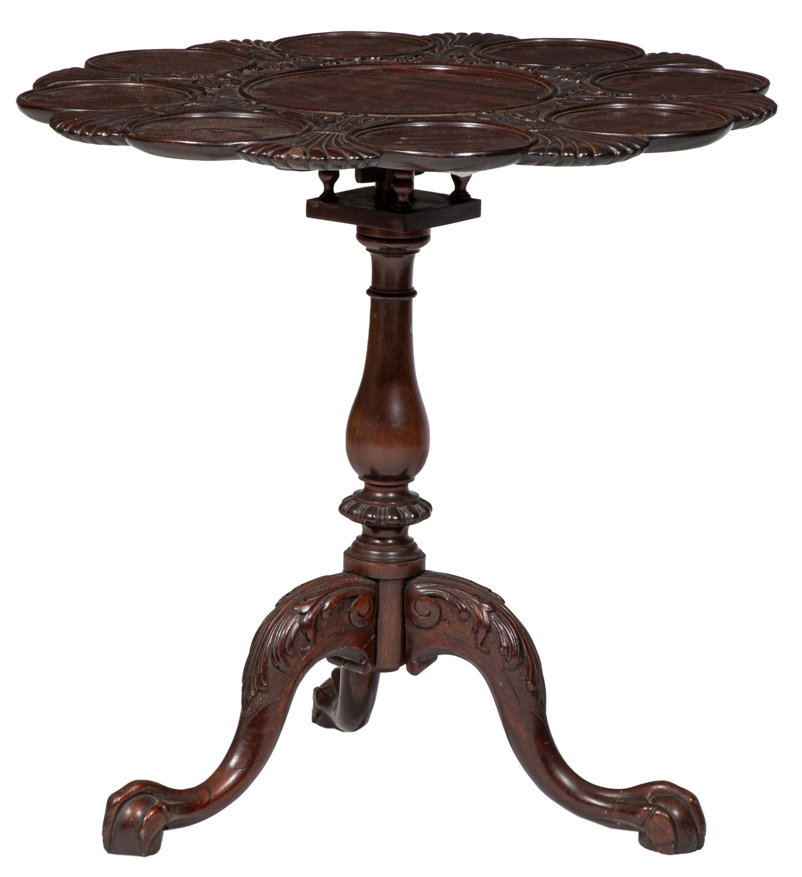 Antique Irish Carved Mahogany Tilt-Top Supper Table: Antique Irish Carved Mahogany Tilt-Top Supper Table, 19th c., after the designs of Thomas Chippendale, dished swivel top, baluster support, acanthus carved arched legs, ball and claw feet