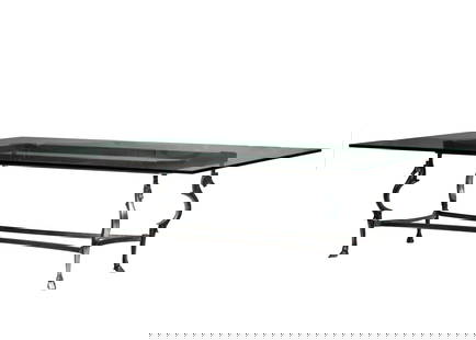 Large Giacometti-Style Iron and Glass Figural Dining Table: Large Giacometti-Style Iron and Glass Figural Dining Table, heavy glass top, seats minimum of 8, h. 29 in., w. 96 in., d. 60 in.