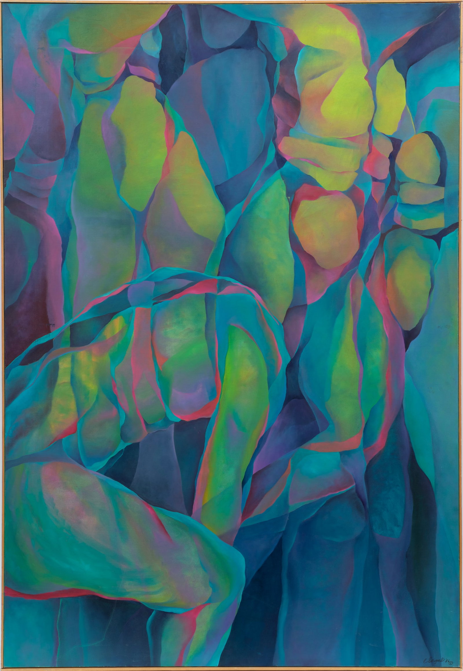 Charlotte Segal, American/Illinois b. 1932, 'Segments", oil on canvas: Charlotte Segal American/Illinois, b. 1932 'Segments" oil on canvas 1986, signed and dated lower right, signed and titled en verso, framed. 63 7/8 x 44 1/8 in. (162.2 x 112.1 cm.), Frame: 64 1/2 x 44 