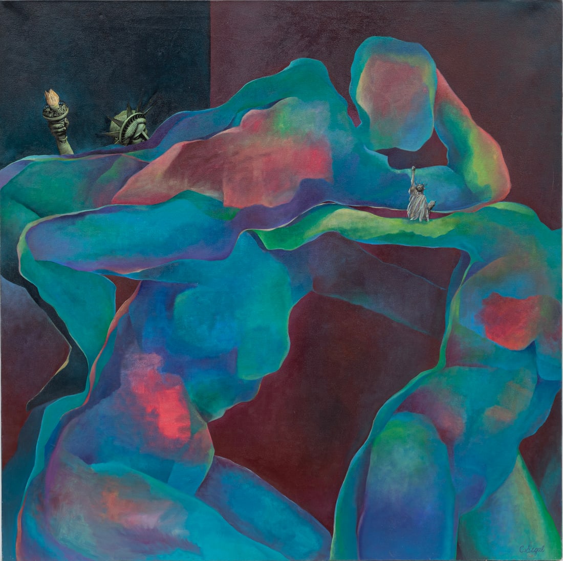 Charlotte Segal, American/Illinois b. 1932, "At Liberty (Goddess of Liberty)", oil and collage on: Charlotte SegalAmerican/Illinois, b. 1932"At Liberty (Goddess of Liberty)"oil and collage on gallery-wrapped canvassigned lower right, signed and thrice titled en verso, unframed.46 x 46 in. (116.8 x