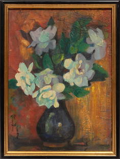 Sallie George Fullilove Doke, American/Louisiana 1872-1953, "Floral Still Life", oil on canvas: Sallie George Fullilove DokeAmerican/Louisiana, 1872-1953"Floral Still Life"oil on canvassigned lower left, framed.16 1/4 x 12 in. (41.3 x 30.5 cm.), Frame: 18 x 13 3/4 x 3/4 in. (45.7 x 34.9 x 1.9 cm