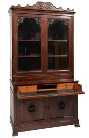 American Rococo Carved Rosewood Secretary Bookcase