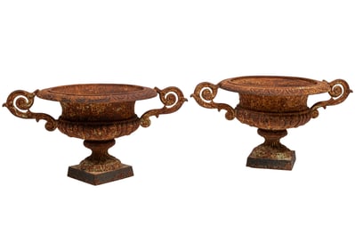 Pair of Continental Cast-Iron Garden Urns
