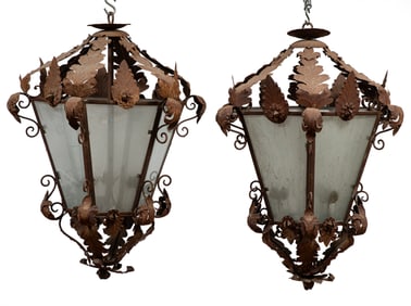 Pair of Monumental Continental Tole and Iron Lanterns