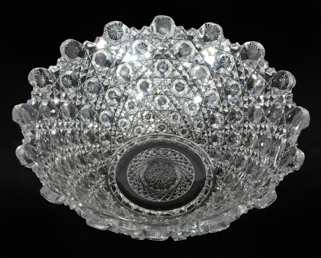American Brilliant Cut Glass Bowl: American Brilliant Cut Glass Bowl cane and strawberry diamond motif h. 4 1/4 in., dia. 10 5/8 in.