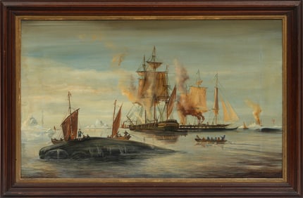 American School 19th c., ?Whaling?, oil on canvas