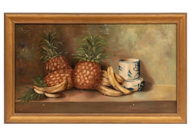 American School 19th c., ?Still Life with Pineapples, Bananas and Vase?, oil on canvas