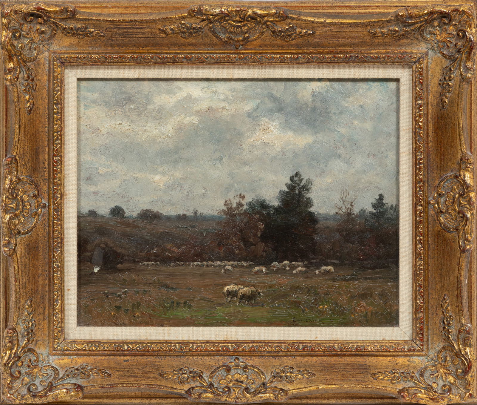 John Joseph Enneking, American 1841-1916, "Sheep Grazing", oil on panel laid on panel: John Joseph EnnekingAmerican, 1841-1916"Sheep Grazing"oil on panel laid on panel1881, signed and dated lower right, "Vixseboxse Art Galleries, Inc., Cleveland Heights, OH" label with artist and title
