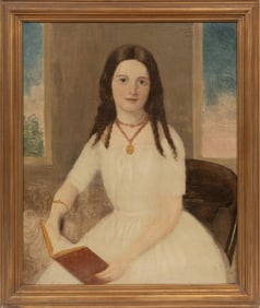 American School 19th c., "Young Girl Reading a Book", oil on canvas