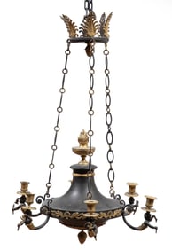 Empire Gilt and Patinated Bronze and Tole Six-Light Chandelier