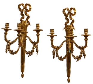 Pair of Antique Empire-Style Gilt Bronze Three-Light Sconces