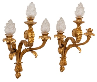 Pair of Empire-Style Gilt Bronze Three-Light Sconces