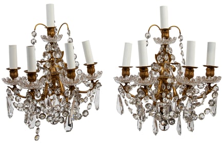 Pair of Antique French Gilt-Bronze and Cut-Crystal Four-Light Sconces