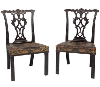 Fine Pair of Chinese Chippendale Carved Mahogany Sidechairs