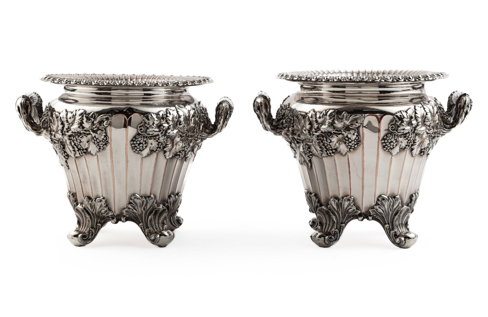 Pair of Late Georgian Sheffield Plate Wine Coolers: Pair of Late Georgian Sheffield Plate Wine Coolers,19th c., hand mark, probably J. Watson & Son/Padley, Parkin & Co., fluted urn-form, egg-and dartrim, robust grape-and-grapeleaf decoration, and folia