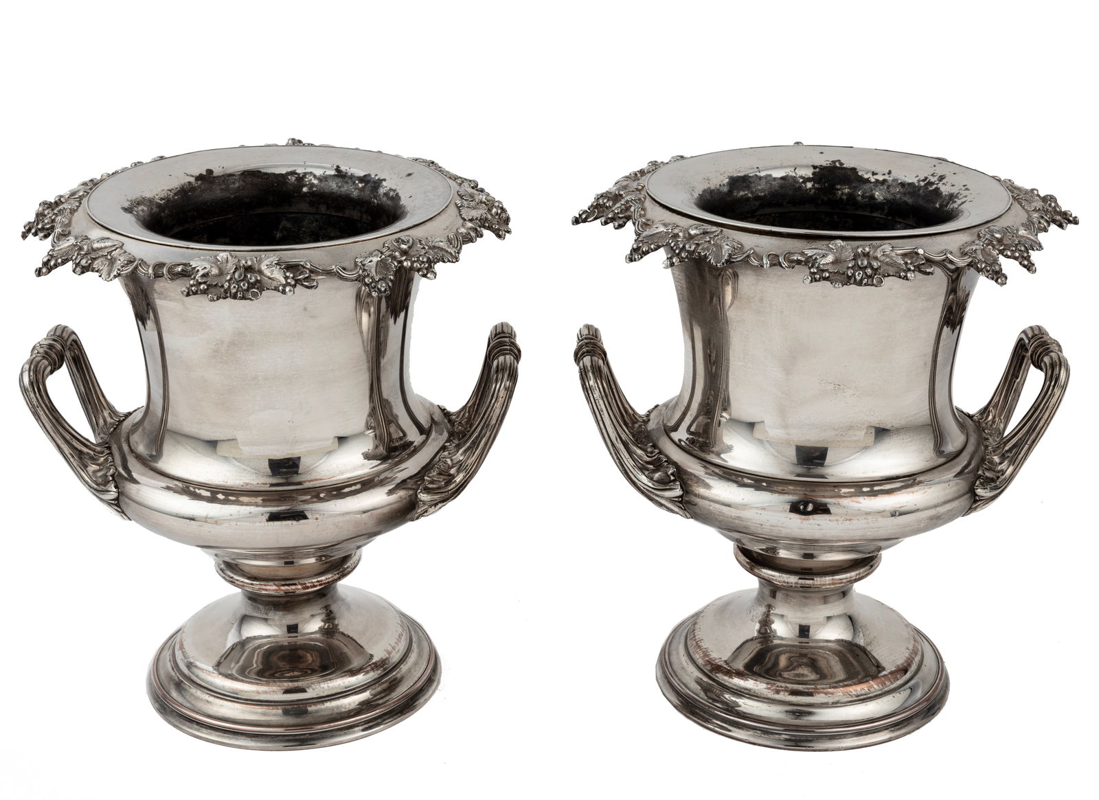 Pair of Antique English Fused Silverplate Wine Coolers: Pair of Antique English Fused Silverplate Wine Coolers,campagna form with vintage motif rim and reeded foliate handles, removable collar and liner, retains inset silver shield and original tinned inte