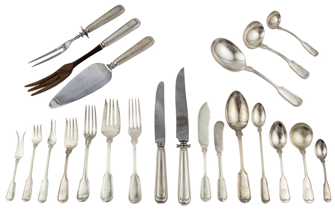 Frank Smith "Fiddle Thread" Sterling Silver Flatware Service: Frank Smith "Fiddle Thread" Sterling Silver Flatware Service,pat. 1902, incl. 12 forks (l. 7 1/2 in.), 11 knives (l. 9 1/4 in.), 1 fork (l. 6 7/8 in.), 11 salad forks, 12 cream soup spoons, 19 teaspoo