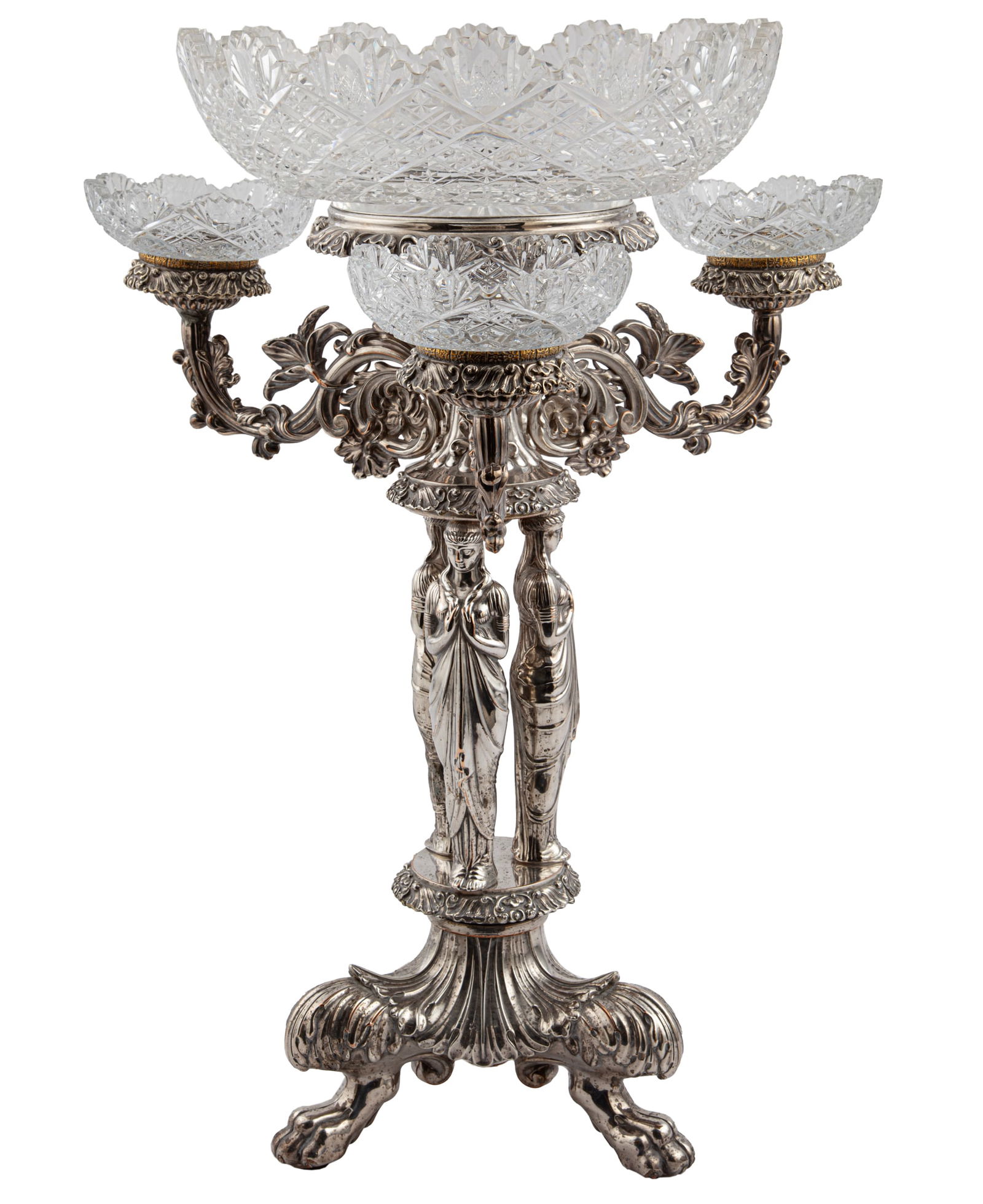 Antique Regency-Style Silverplate and Crystal Figural Epergne with Three Graces (1 of 2)