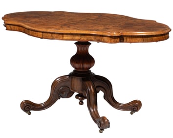 English Victorian Burlwood and Mahogany Loo Table