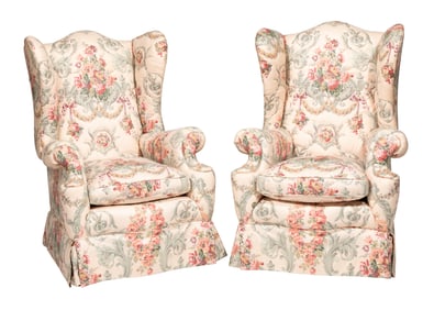 Pair of Edwardian Carved Walnut Wing Chairs
