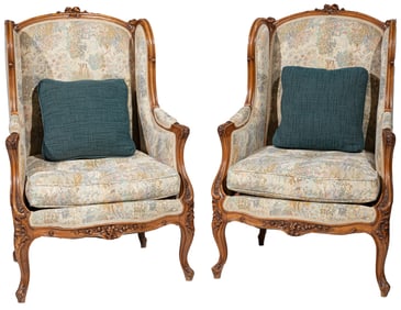 Pair of Louis XV-Style Carved Walnut Berg?res a Oreilles