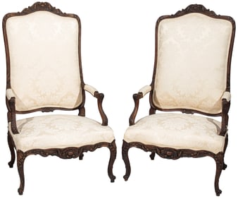 Pair of Regence Carved Walnut Fauteuils a la Reine