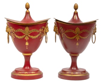 Pair of Regence-Style Tole Peinte Chestnut Urns