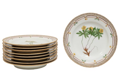 Nine Royal Copenhagen "Flora Danica" Porcelain Dinner Plates
