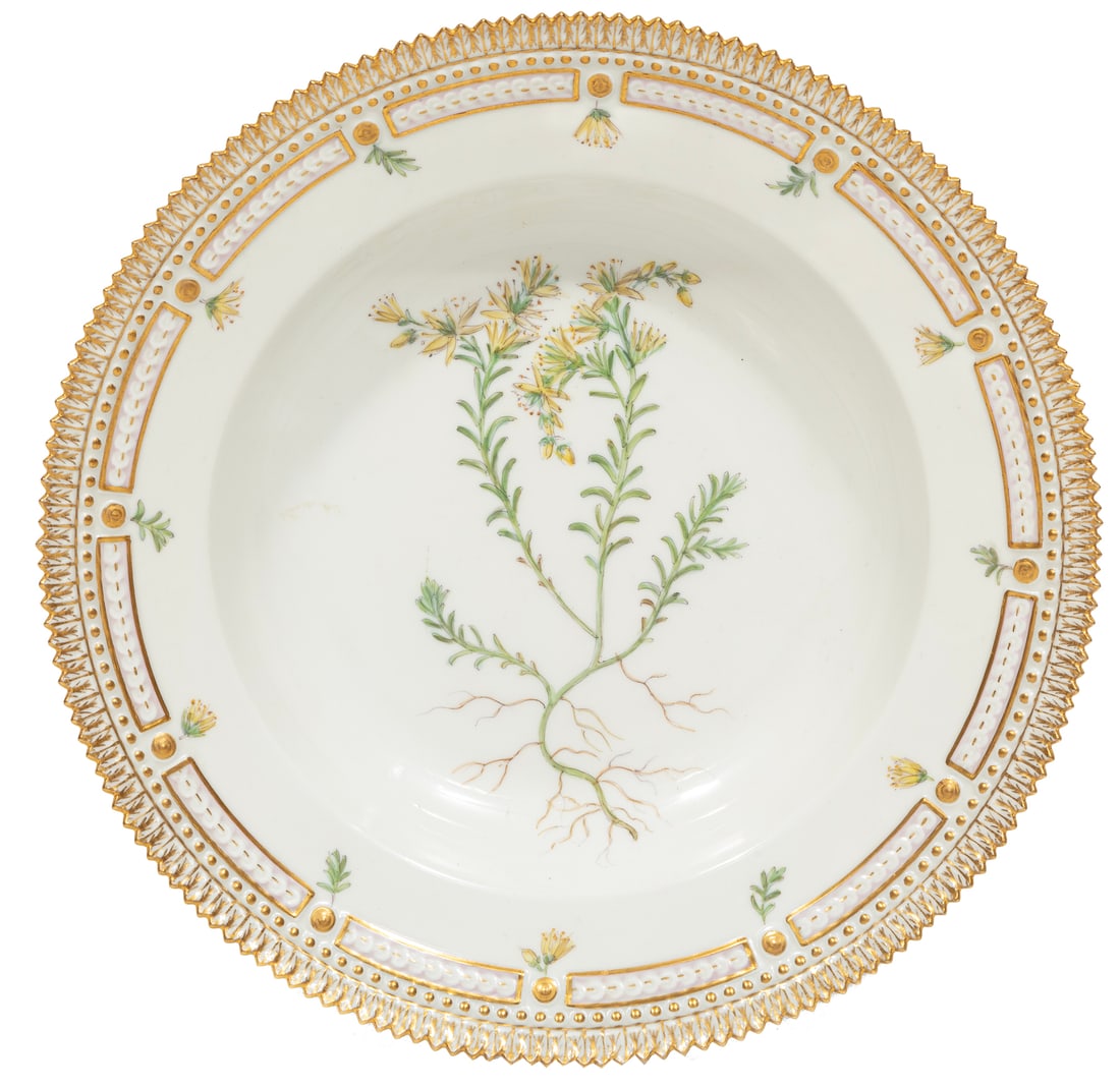 Royal Copenhagen "Flora Danica" Porcelain Soup Plate: Royal Copenhagen "Flora Danica" Porcelain Soup Plate, 1956, dentil border, central botanical painting, marked with green Royal Copenhagen logo, pattern no. 20, shape no. 3545, underglaze blue waves ma