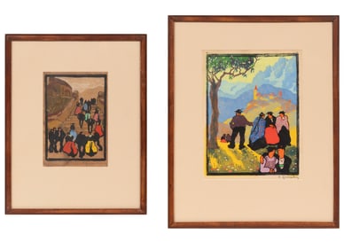 Herbert Gurschner, Austrian 1901-1975, ?Auf der Treppe? and ?Sommertag?, 2 color woodcuts on paper