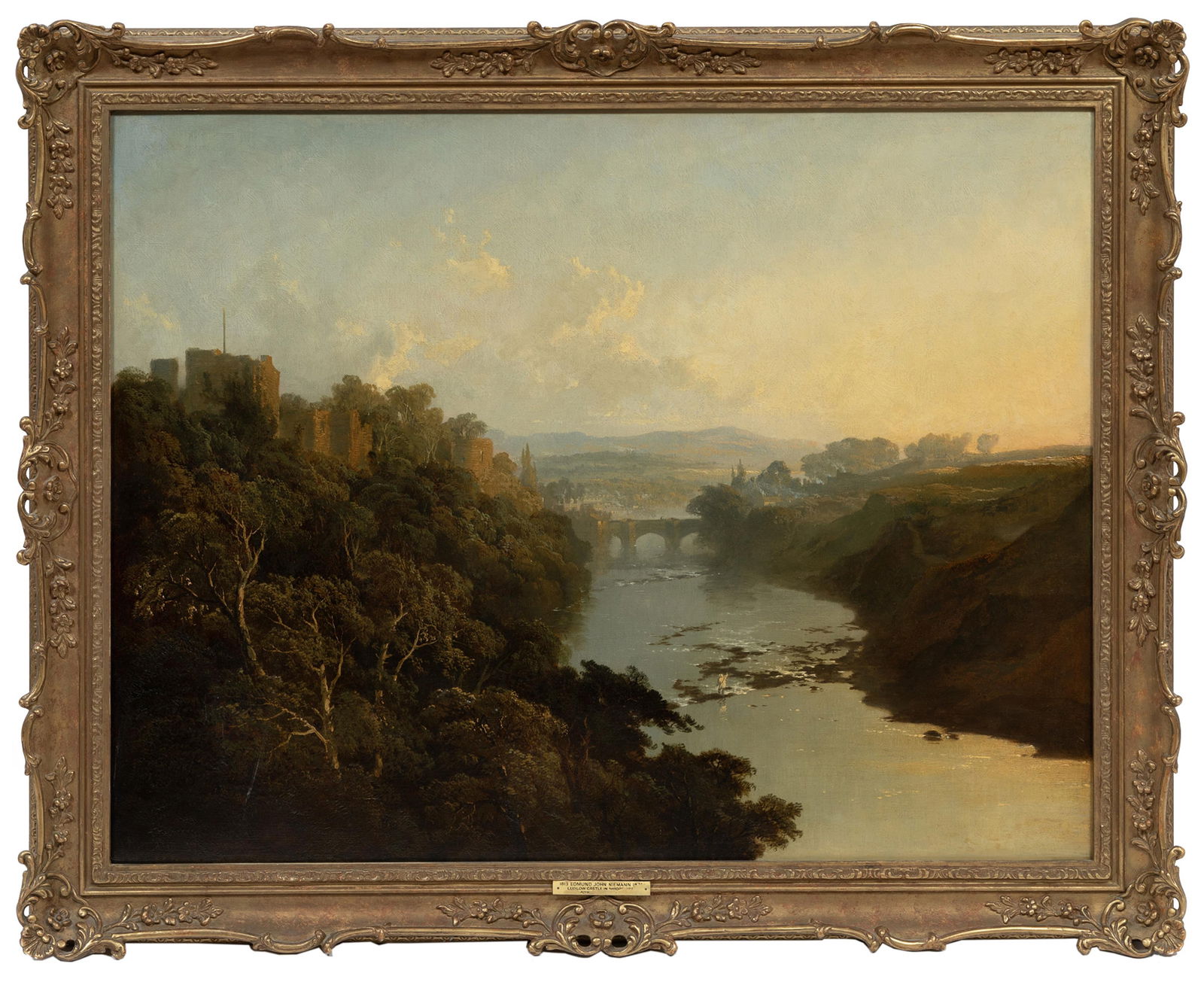 Edmund John Niemann, British 1813-1876, "Ludlow Castle in Shropshire", oil on canvas: Edmund John NiemannBritish, 1813-1876"Ludlow Castle in Shropshire"oil on canvas1857, signed and dated lower left, 2 "Kurt E. Schon, Ltd." labels on stretcher, one with artist and title, framed with ar