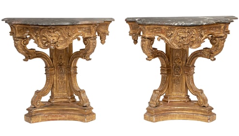 Fine Pair of French Regence-Style Carved Giltwood Consoles