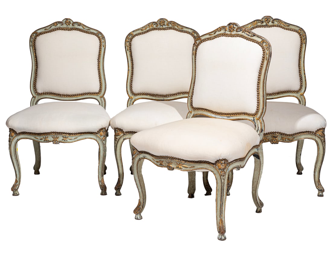 Set of Four Louis XV-Style Parcel Gilt & Creme Peinte Chaises: Set of Four Louis XV-Style Parcel Gilt & Creme Peinte Chaises, 19th c., later surface, foliate molded crest rail. nailhead upholstery, conforming seat rail, cabriole legs,37 x 22 1/2 x 18 in. (94 x 57