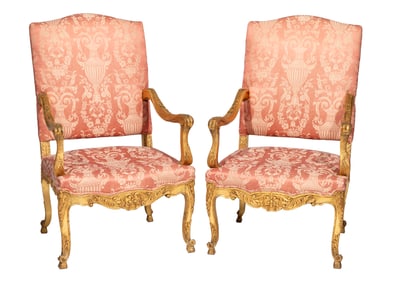Pair of Regence-Style Carved Giltwood Fauteuils a la Reine