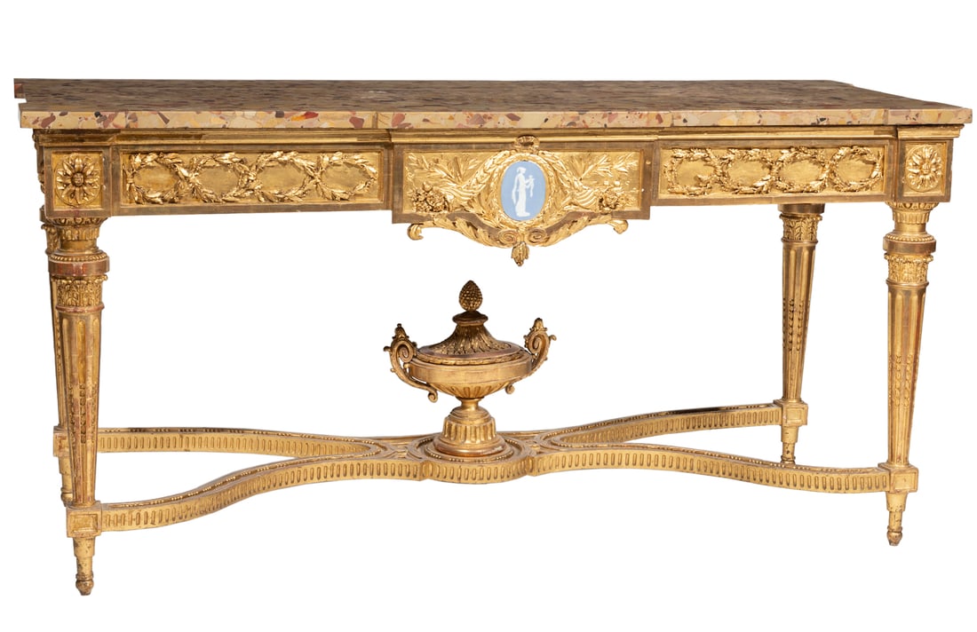 Louis XVI Porcelain Mounted Carved Giltwood Console: Louis XVI Porcelain Mounted Carved Giltwood Console, Late 18th c., Breche d'Alep marble top, foliate frieze centered by portrait plaque, stop fluted tapered legs, X-form stretcher surmounted by urn36