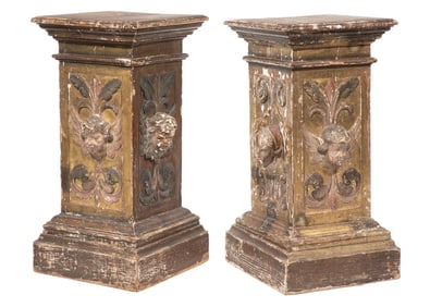 Pair of Antique Continental Giltwood and Polychromed Statuary Pedestals