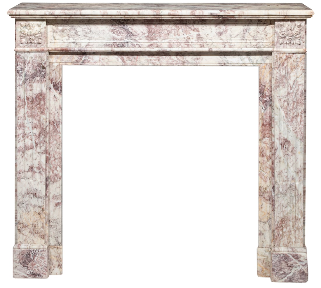 Louis XVI-Style Marble Mantel: Louis XVI-Style Marble Mantelwhite and rouge, rectangular top, sides with rosette and fluted designProvenance: Ida Manheim Antiques, 409 Royal St., New Orleans.43 x 48 3/4 x 14 in. (109.2 x 123.8 x 35