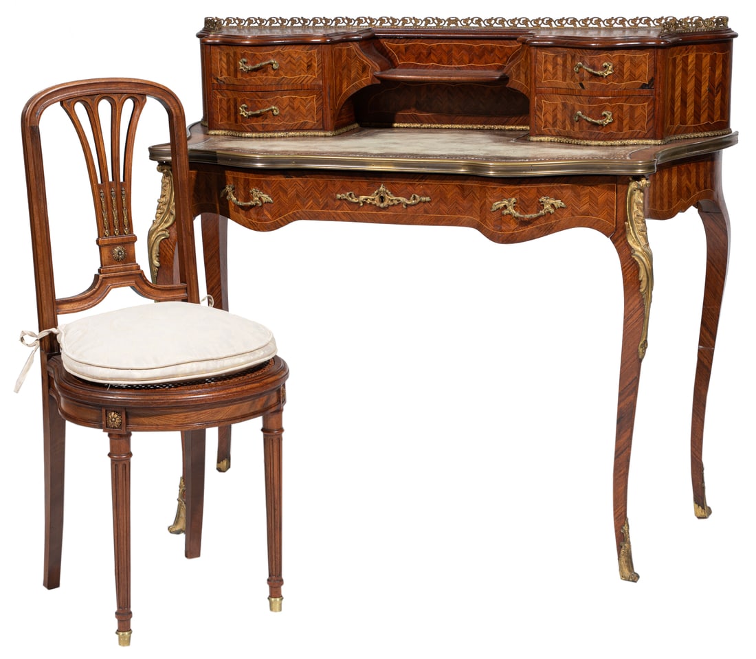 Louis XVI-Style Bronze Mounted Kingwood and Parquetry Bonheur du Jour: Louis XVI-Style Bronze Mounted Kingwood and Parquetry Bonheur du Jour , late 19th/ early 20th c., superstructure pierced brass gallery, open center flanked by banks of two drawers, worn tooled leather