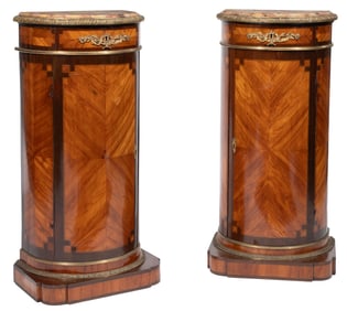 Pair of Louis XVI-Style Bronze Mounted Inlaid Tulipwood Demilune Pedestal Cabinets