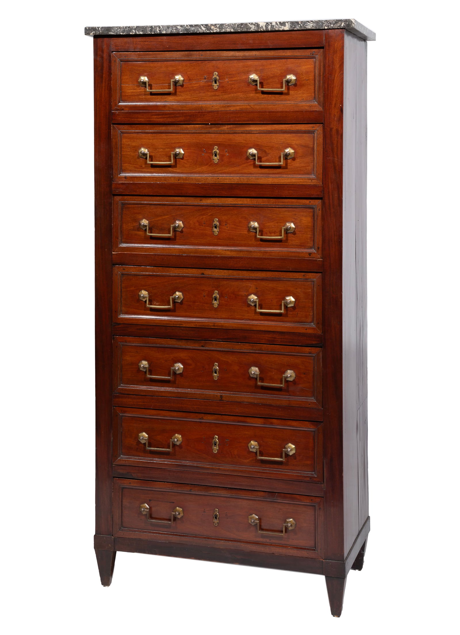 Louis XVI-Style Mahogany Semainier: Louis XVI-Style Mahogany Semainier, late 19th c., grey variegated marble top, seven paneled drawers, fitted with gilt bronze bale handles, square tapered legs, height 65 in., width 32 in., depth 16 in