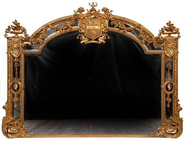 Monumental Antique English Porcelain Mounted Giltwood Overmantel Mirror