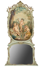 Italian Rococo Parcel Gilt and Verte Peinte Trumeau Mirror