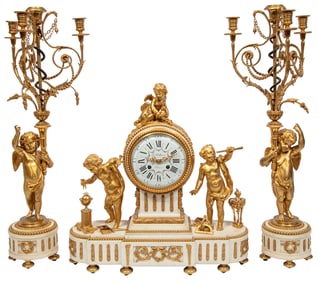 Fine Napoleon III Gilt Bronze and Marble Figural Three-Piece Clock Garniture