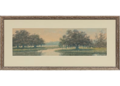 Alexander John Drysdale, American/Louisiana 1870-1934, "Bayou Landscape with Live Oaks", oil wash on