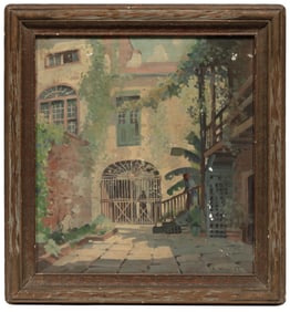 Clarence Millet, American/Louisiana 1897-1959, "St. Peter Courtyard", oil on canvas laid on board